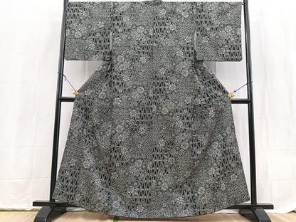 平和屋着物■小紋　草花文　黒地　洗える着物　BAAX9366yc