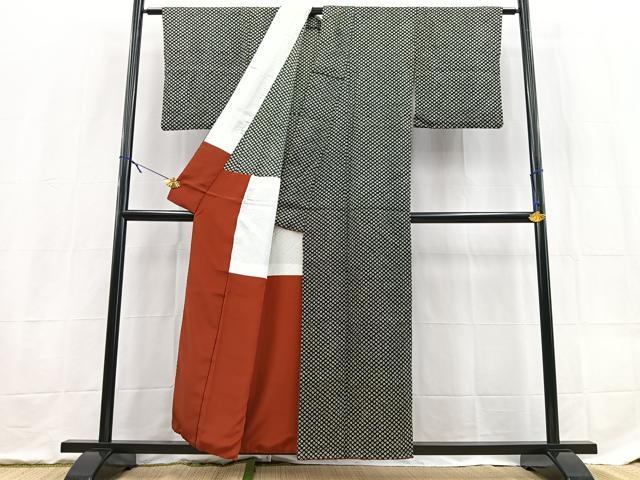 平和屋着物■小紋　背抜き仕立て　鹿の子文様　黒地　洗える着物　BAAX9379yc