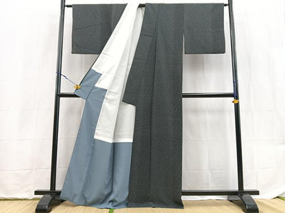 平和屋着物■小紋　瓦文　黒地　洗える着物　BAAX9382yc