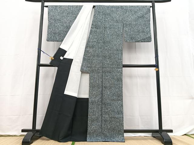 平和屋着物■小紋　幾何学文様　黒地　洗える着物　BAAX9384yc