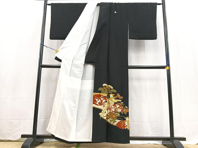 平和屋着物■黒留袖　刺繍　尾長鳥松竹梅文　金彩　銀糸　洗える着物　BAAX9396yc