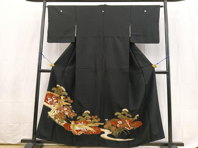 平和屋着物■黒留袖　刺繍　尾長鳥松竹梅文　金彩　銀糸　洗える着物　BAAX9396yc