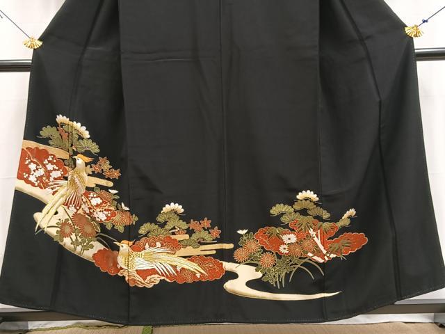 平和屋着物■黒留袖　刺繍　尾長鳥松竹梅文　金彩　銀糸　洗える着物　BAAX9396yc