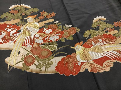 平和屋着物■黒留袖　刺繍　尾長鳥松竹梅文　金彩　銀糸　洗える着物　BAAX9396yc