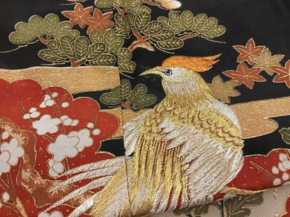 平和屋着物■黒留袖　刺繍　尾長鳥松竹梅文　金彩　銀糸　洗える着物　BAAX9396yc