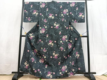 平和屋着物■小紋　楓菊花文　洗える着物　未使用　BAAX9399yc