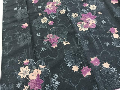 平和屋着物■小紋　楓菊花文　洗える着物　未使用　BAAX9399yc