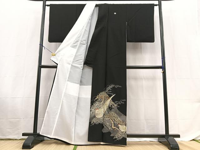 平和屋着物■黒留袖　刺繍　尾長鳥浜松文　金銀彩　洗える着物　BAAX9428yc