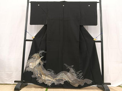 平和屋着物■黒留袖　刺繍　尾長鳥浜松文　金銀彩　洗える着物　BAAX9428yc