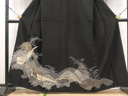 平和屋着物■黒留袖　刺繍　尾長鳥浜松文　金銀彩　洗える着物　BAAX9428yc