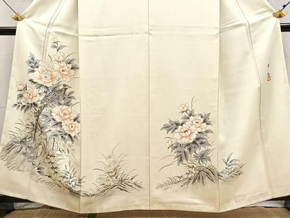 平和屋着物■訪問着　作家物　手描き　尾長鳥花文　正絹　逸品　BAAX9439yc