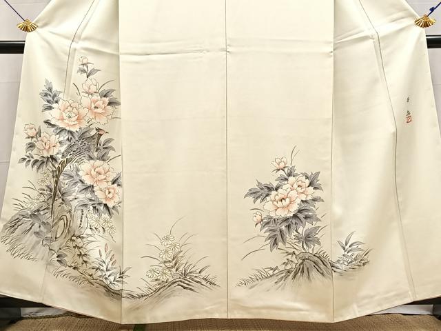 平和屋着物■訪問着　作家物　手描き　尾長鳥花文　正絹　逸品　BAAX9439yc