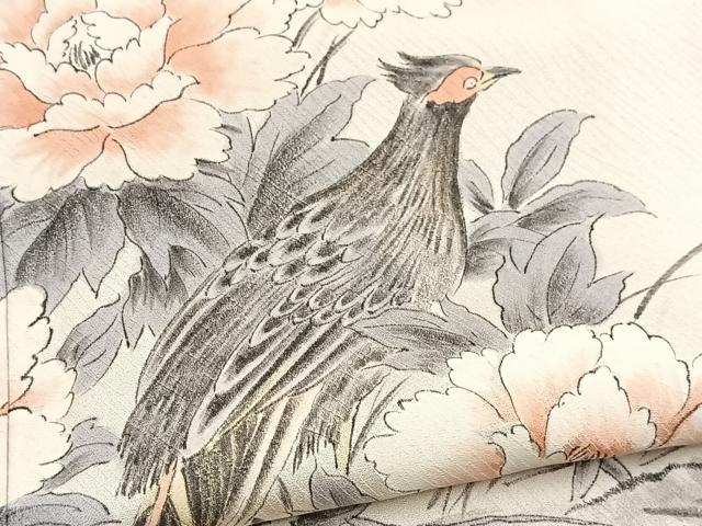平和屋着物■訪問着　作家物　手描き　尾長鳥花文　正絹　逸品　BAAX9439yc