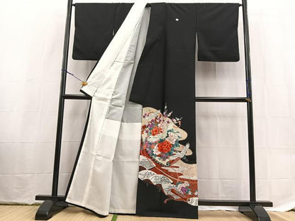 平和屋着物■黒留袖　飛鶴吉祥花文　洗える着物　BAAX9443yc