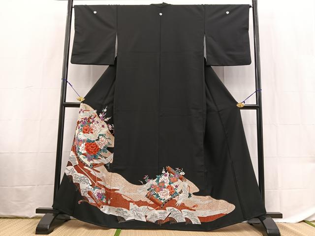 平和屋着物■黒留袖　飛鶴吉祥花文　洗える着物　BAAX9443yc