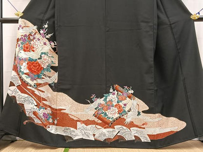 平和屋着物■黒留袖　飛鶴吉祥花文　洗える着物　BAAX9443yc