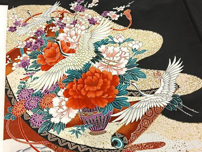 平和屋着物■黒留袖　飛鶴吉祥花文　洗える着物　BAAX9443yc