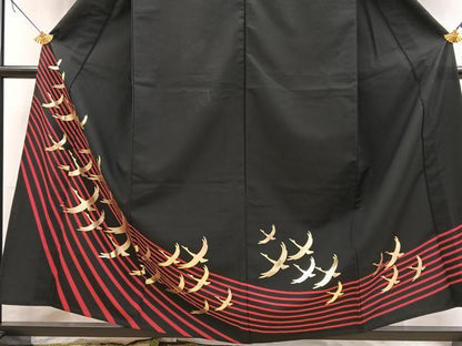 平和屋着物▽男性　訪問着　単衣　飛鶴文　黒地　金彩　洗える着物　BAAX9445yc