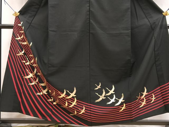 平和屋着物▽男性　訪問着　単衣　飛鶴文　黒地　金彩　洗える着物　BAAX9445yc