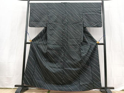 平和屋着物■小紋　斜線文　黒地　洗える着物　BAAX9449yc