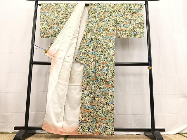 平和屋着物■小紋　草花文　黒地　洗える着物　未使用　BAAX9451yc