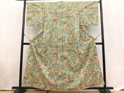 平和屋着物■小紋　草花文　黒地　洗える着物　未使用　BAAX9451yc