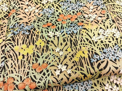 平和屋着物■小紋　草花文　黒地　洗える着物　未使用　BAAX9451yc