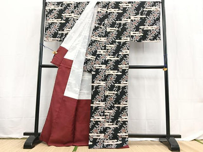 平和屋着物■小紋　エ霞桜文　黒地　洗える着物　BAAX9472yc
