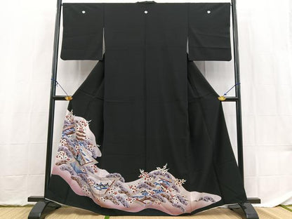 平和屋着物■黒留袖　松竹梅風景文　金彩　洗える着物　BAAX9509yc