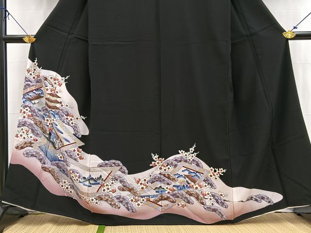 平和屋着物■黒留袖　松竹梅風景文　金彩　洗える着物　BAAX9509yc