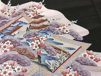 平和屋着物■黒留袖　松竹梅風景文　金彩　洗える着物　BAAX9509yc