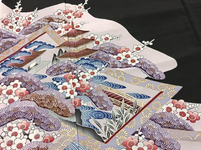平和屋着物■黒留袖　松竹梅風景文　金彩　洗える着物　BAAX9509yc