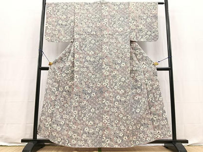 平和屋着物■上質な小紋　切嵌花文　鬼しぼ縮緬　正絹　逸品　BAAX9541yc