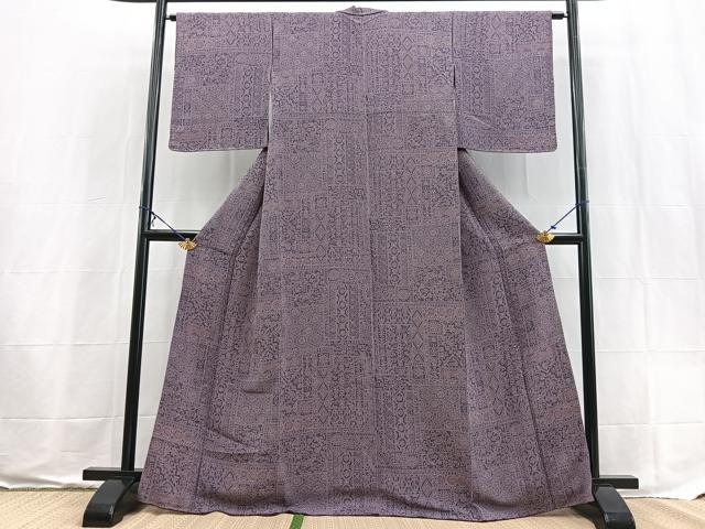 平和屋着物■上質な小紋　幾何学更紗花文　鬼しぼ縮緬　正絹　逸品　BAAX9548yc