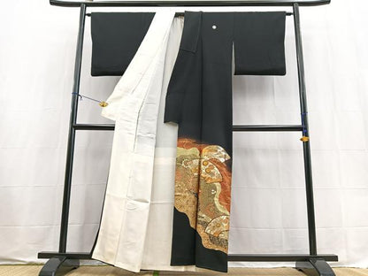 平和屋着物■豪華黒留袖　地紙更紗花文　暈し染め　金銀彩　正絹　逸品　BAAX9551yc