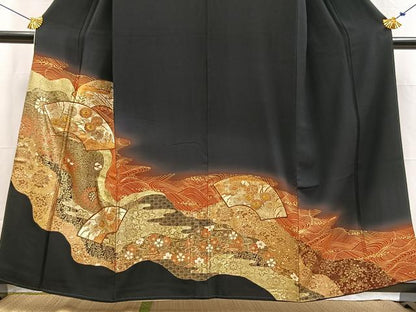 平和屋着物■豪華黒留袖　地紙更紗花文　暈し染め　金銀彩　正絹　逸品　BAAX9551yc