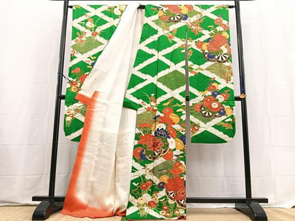 平和屋着物■豪華振袖　駒刺繍　菱天井花車文　金彩　正絹　逸品　BAAX9558yc