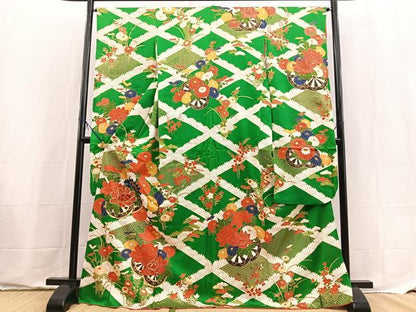 平和屋着物■豪華振袖　駒刺繍　菱天井花車文　金彩　正絹　逸品　BAAX9558yc
