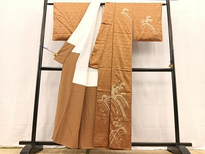 平和屋着物■訪問着　絞り　刺繍　立波草葉文　金銀糸　正絹　逸品　BAAX9580yc