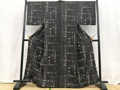 平和屋着物●上質な小紋　市松草花文　黒地　正絹　逸品　BAAX9590yc