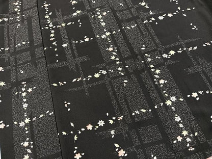 平和屋着物●上質な小紋　市松草花文　黒地　正絹　逸品　BAAX9590yc