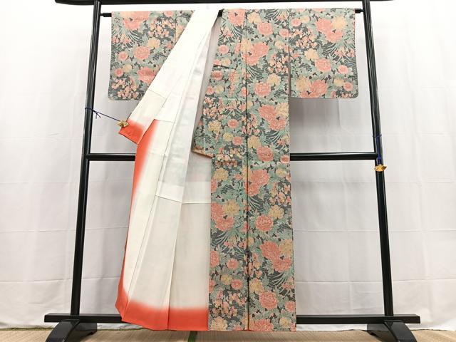 平和屋着物■上質な紬　立波花文　黒地　正絹　逸品　未使用　BAAX9591yc