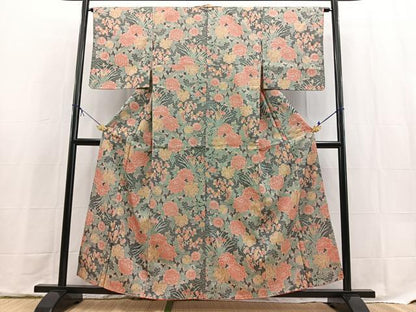 平和屋着物■上質な紬　立波花文　黒地　正絹　逸品　未使用　BAAX9591yc