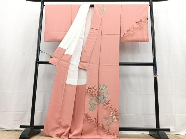 平和屋着物●訪問着　草花文　シルエット　紅梅色　金彩　正絹　逸品　BAAX9600yc