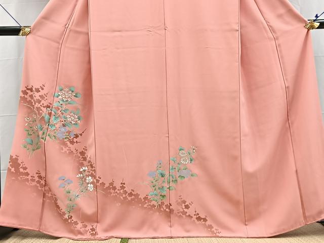 平和屋着物●訪問着　草花文　シルエット　紅梅色　金彩　正絹　逸品　BAAX9600yc