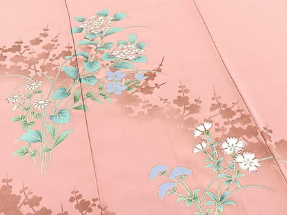 平和屋着物●訪問着　草花文　シルエット　紅梅色　金彩　正絹　逸品　BAAX9600yc