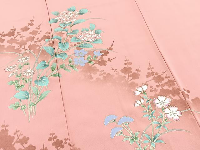 平和屋着物●訪問着　草花文　シルエット　紅梅色　金彩　正絹　逸品　BAAX9600yc