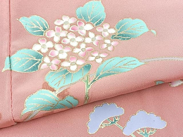 平和屋着物●訪問着　草花文　シルエット　紅梅色　金彩　正絹　逸品　BAAX9600yc