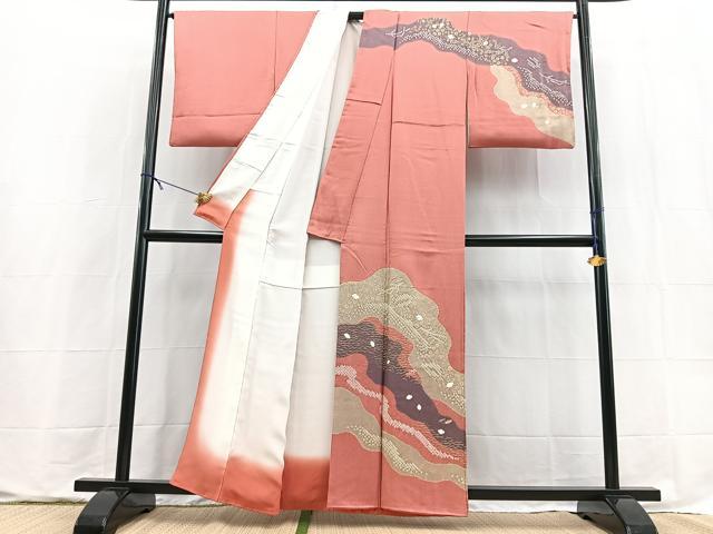 平和屋着物■訪問着　絞り　刺繍　道長吹き寄せ文　甚三紅色　金彩　正絹　逸品　BAAX9601yc