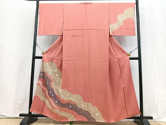 平和屋着物■訪問着　絞り　刺繍　道長吹き寄せ文　甚三紅色　金彩　正絹　逸品　BAAX9601yc
